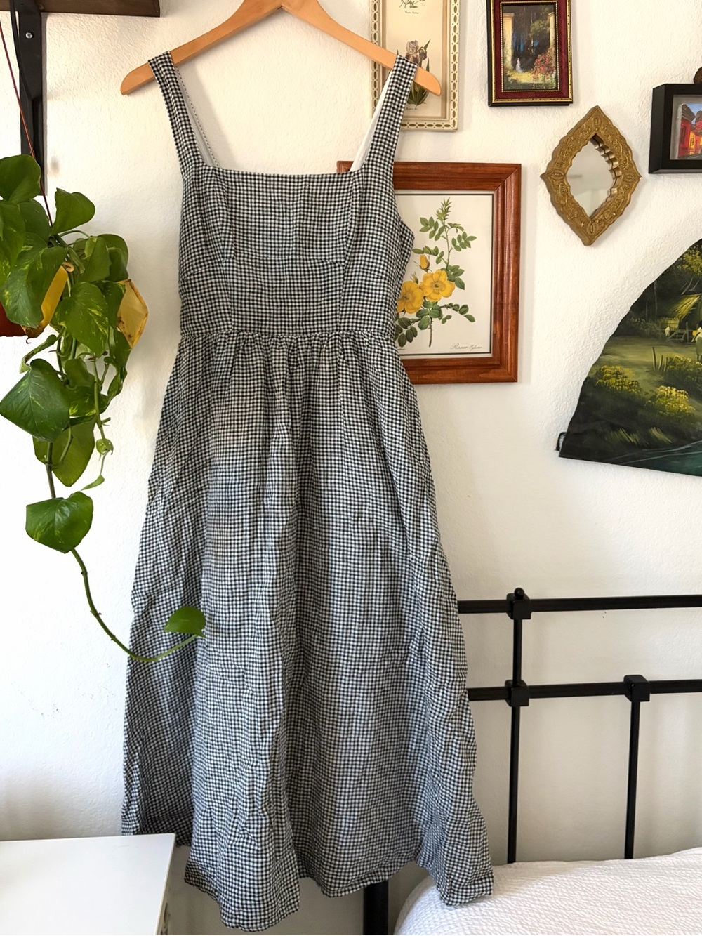 Black & White Gingham European Linen Fit and Flare Midi Dress Medium by Quince